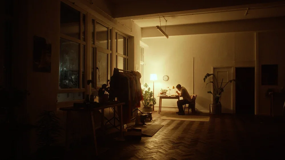 Person sitting at a desk illuminated by a lamp in a dimly lit room at night.