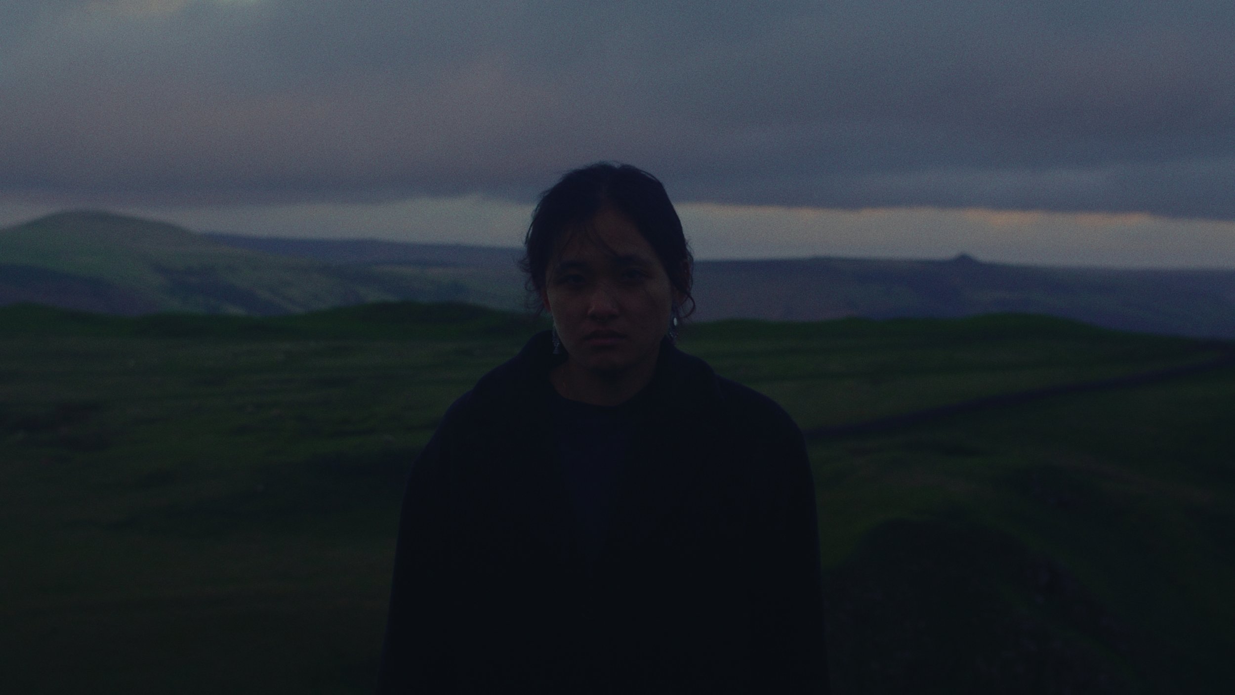 A person with short dark hair and earrings stands outdoors in a dark, cloudy landscape with rolling green hills in the background.