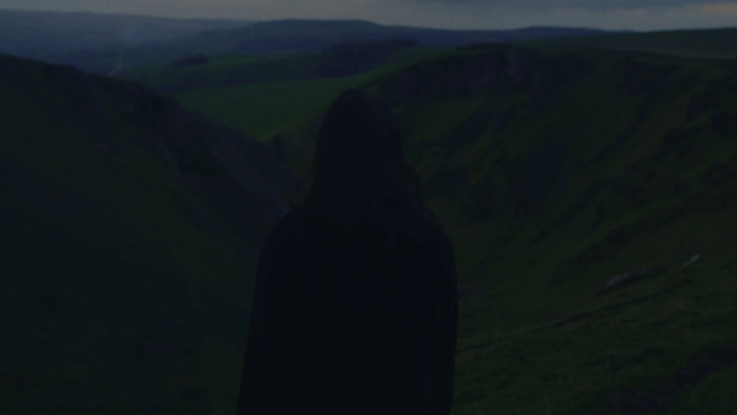 Person standing in front of a green hilly landscape at dusk or dawn
