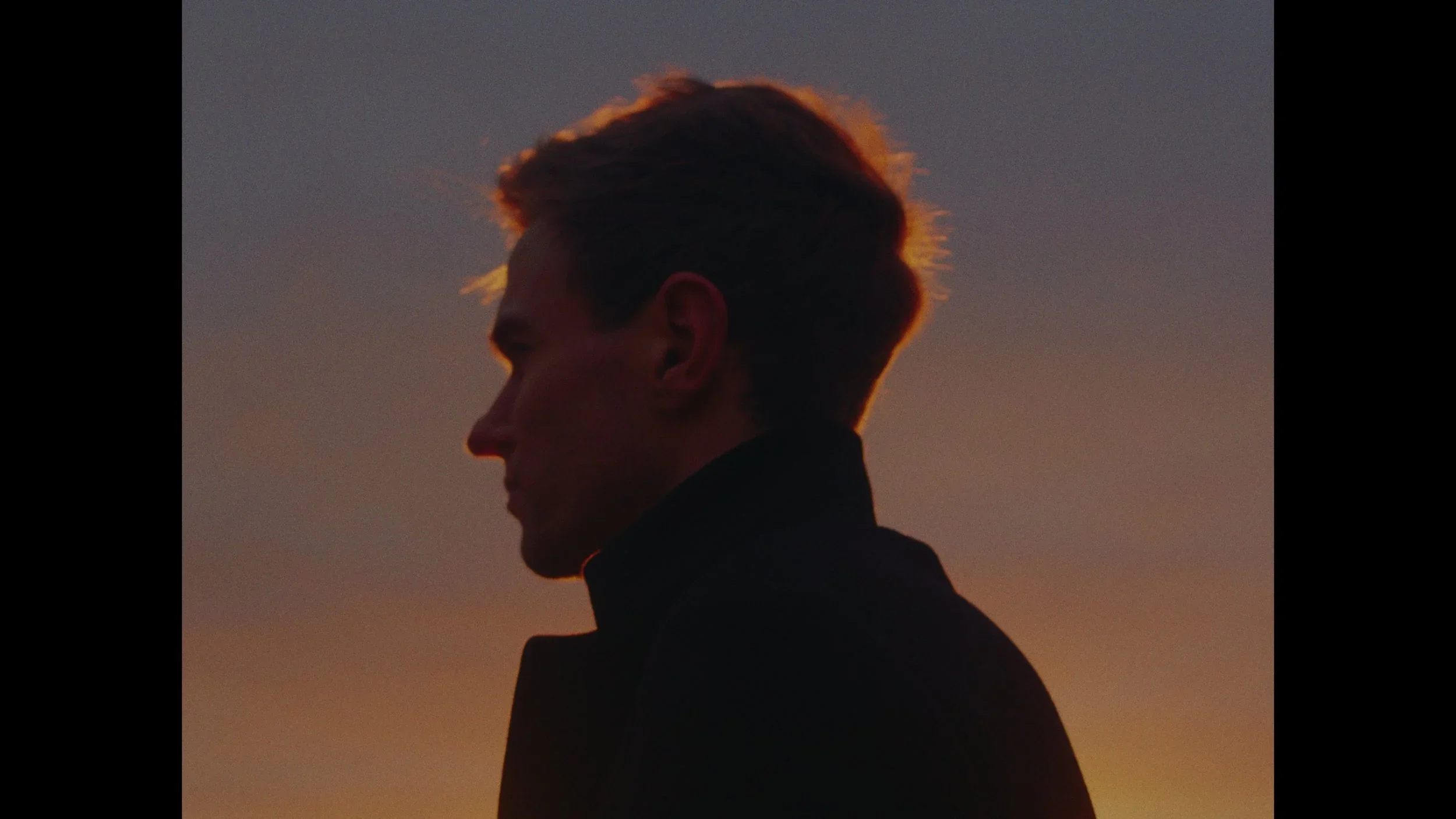 Silhouette of a man with styled hair against a sunset sky, looking to the left.