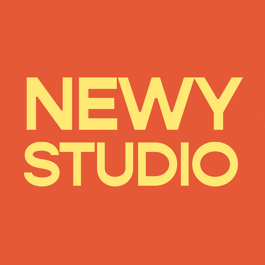 Bold yellow text on an orange background reads 'NEWY STUDIO'.