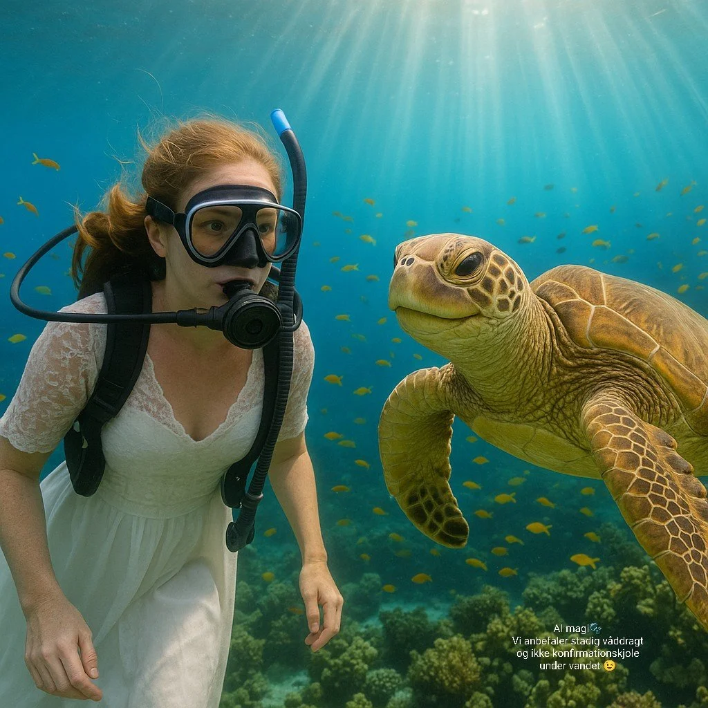 Genereret billede af Konfirmand med havskildpadde på Bali