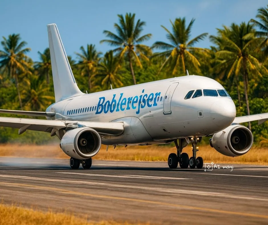 Et fly lander på en asfaltbane med palmer i baggrunden, og flyets side har teksten "Boblerejser".