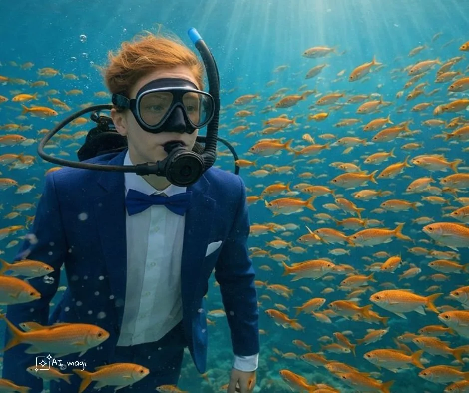 Billede af konfirmand i jakkesæt der dykker blandt en masse fisk på Bali eller Gozo, Malta