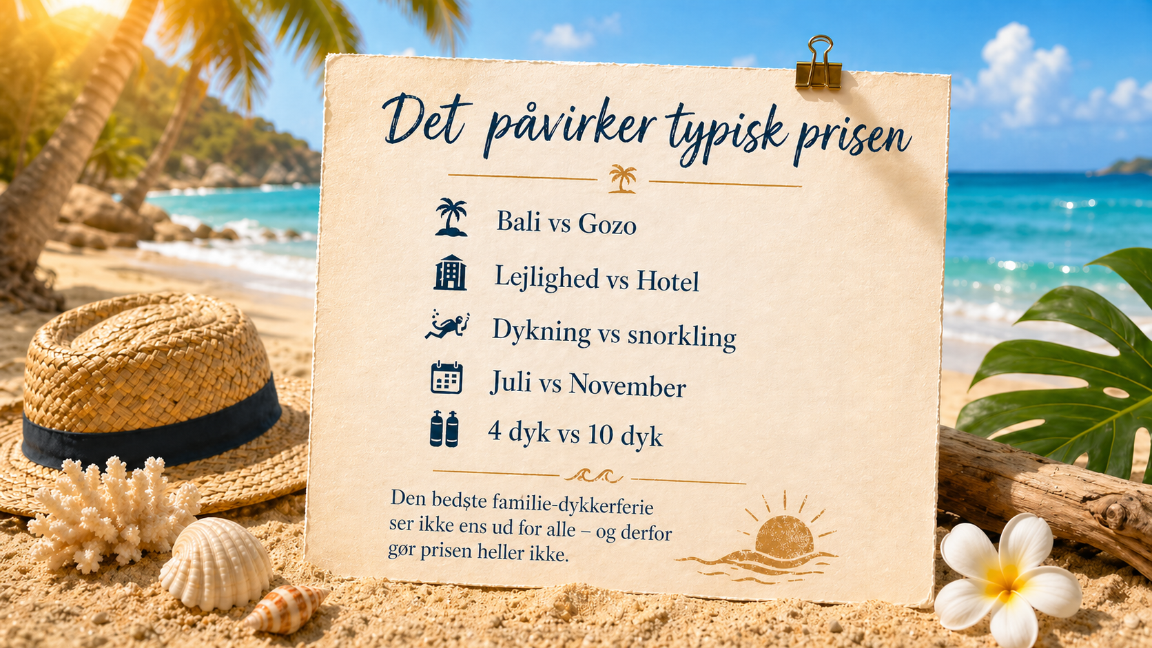 Kort med prisfaktorer for en rejse med Boblerejser på stranden