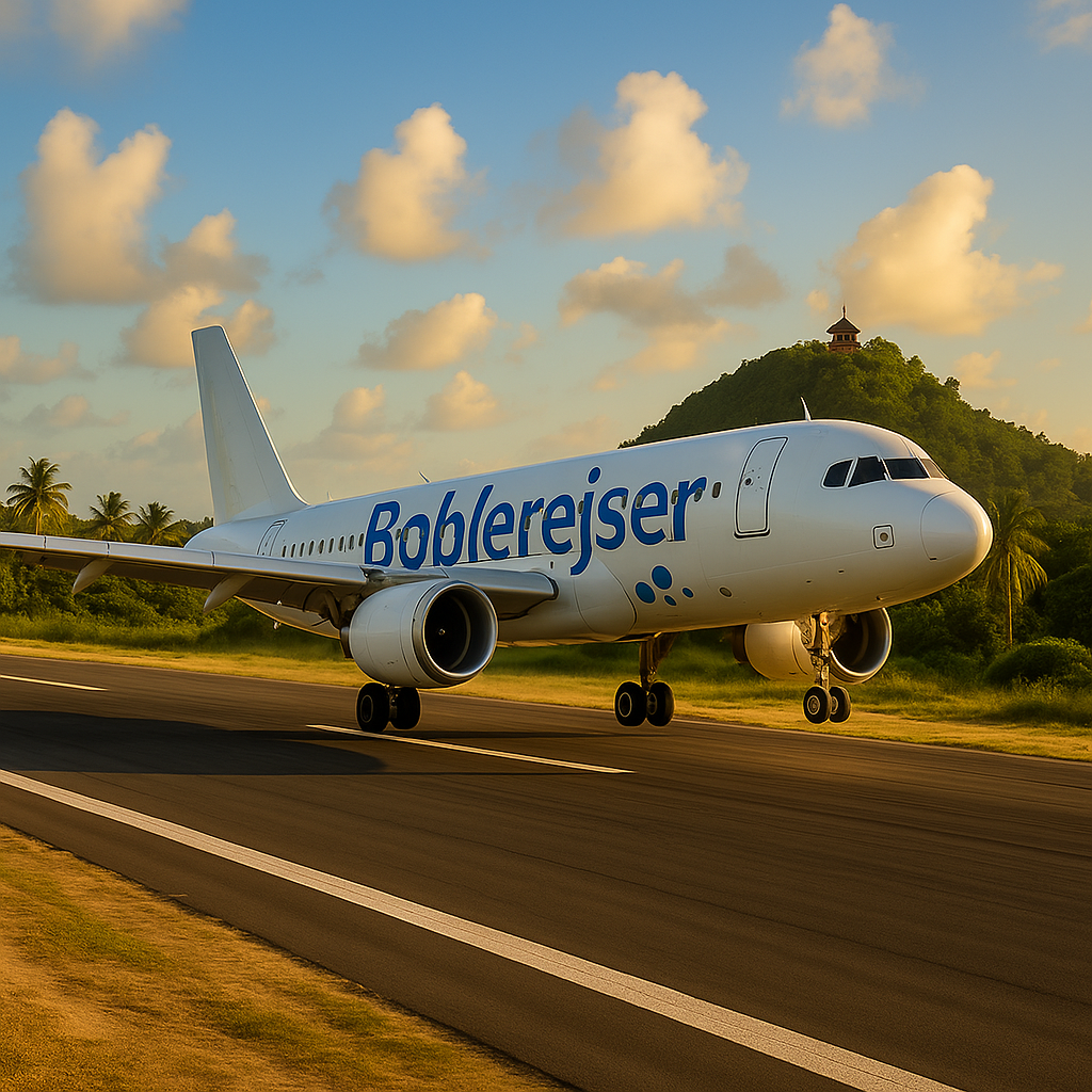 Fly med Boblerejser logo lander på Bali en eksotisk lufthavn med palmer og bjergtop i baggrunden samt meget grøn vegetation