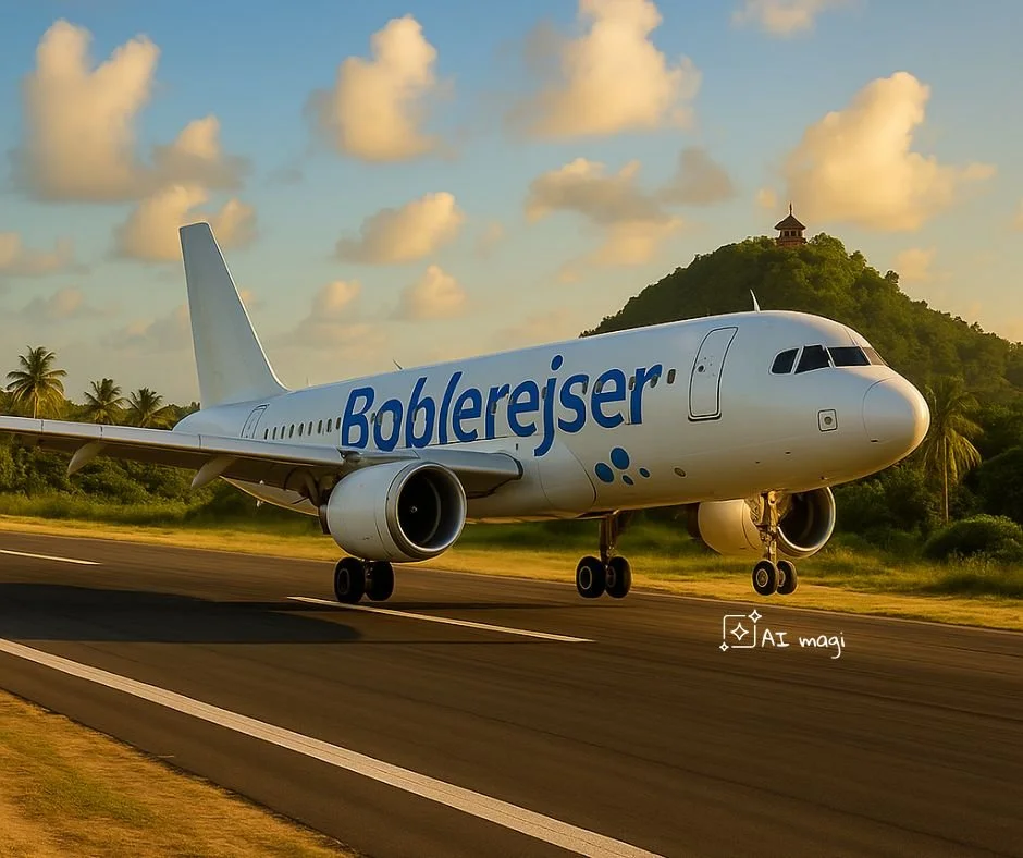 Et fly med teksten 'Bobberejser' på siden lader til at tage afsted på en landingsbane med en grøn bakke og træer i baggrunden, hvor der er en bygning på toppen af bakken under en skyet himmel.