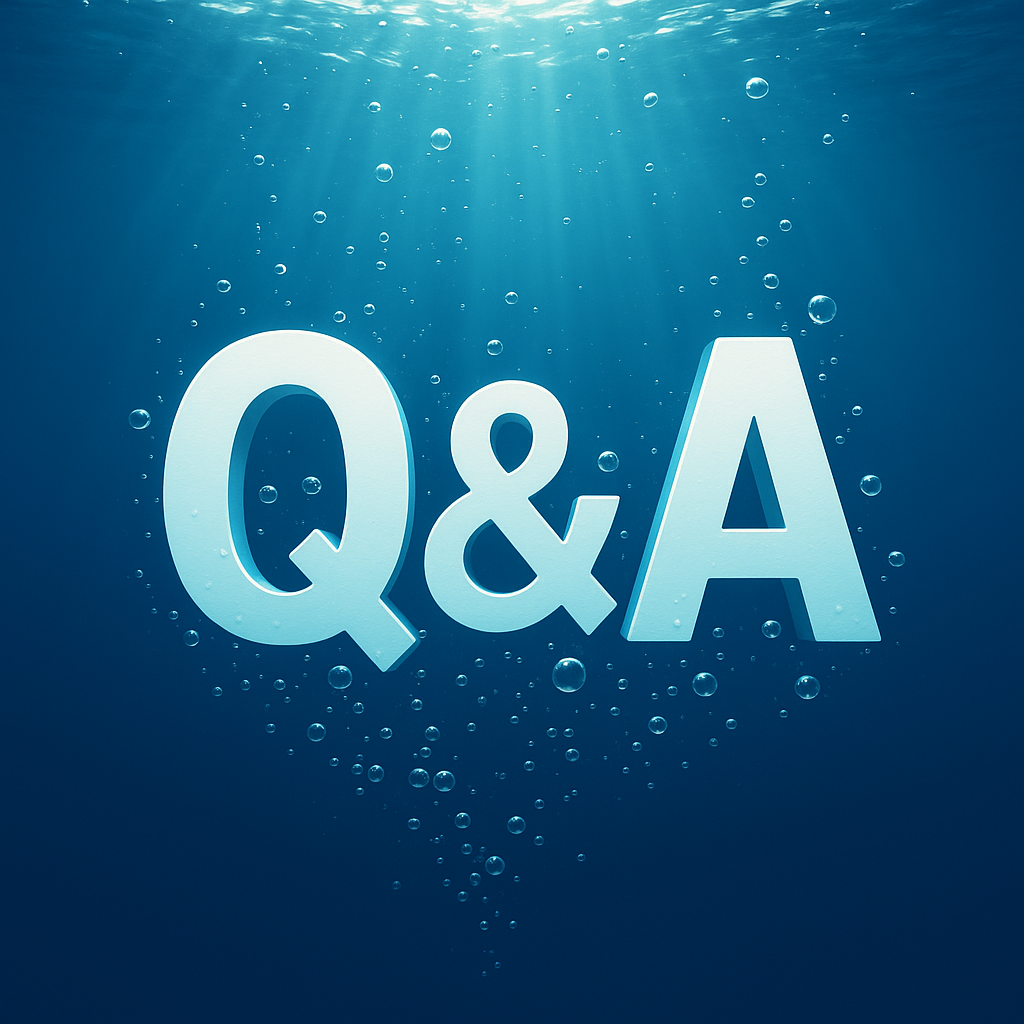 Q&A om dykning – illustration med bobler og sollys under vand, der symboliserer svar på spørgsmål om familievenlig dykning hos Boblerejser.