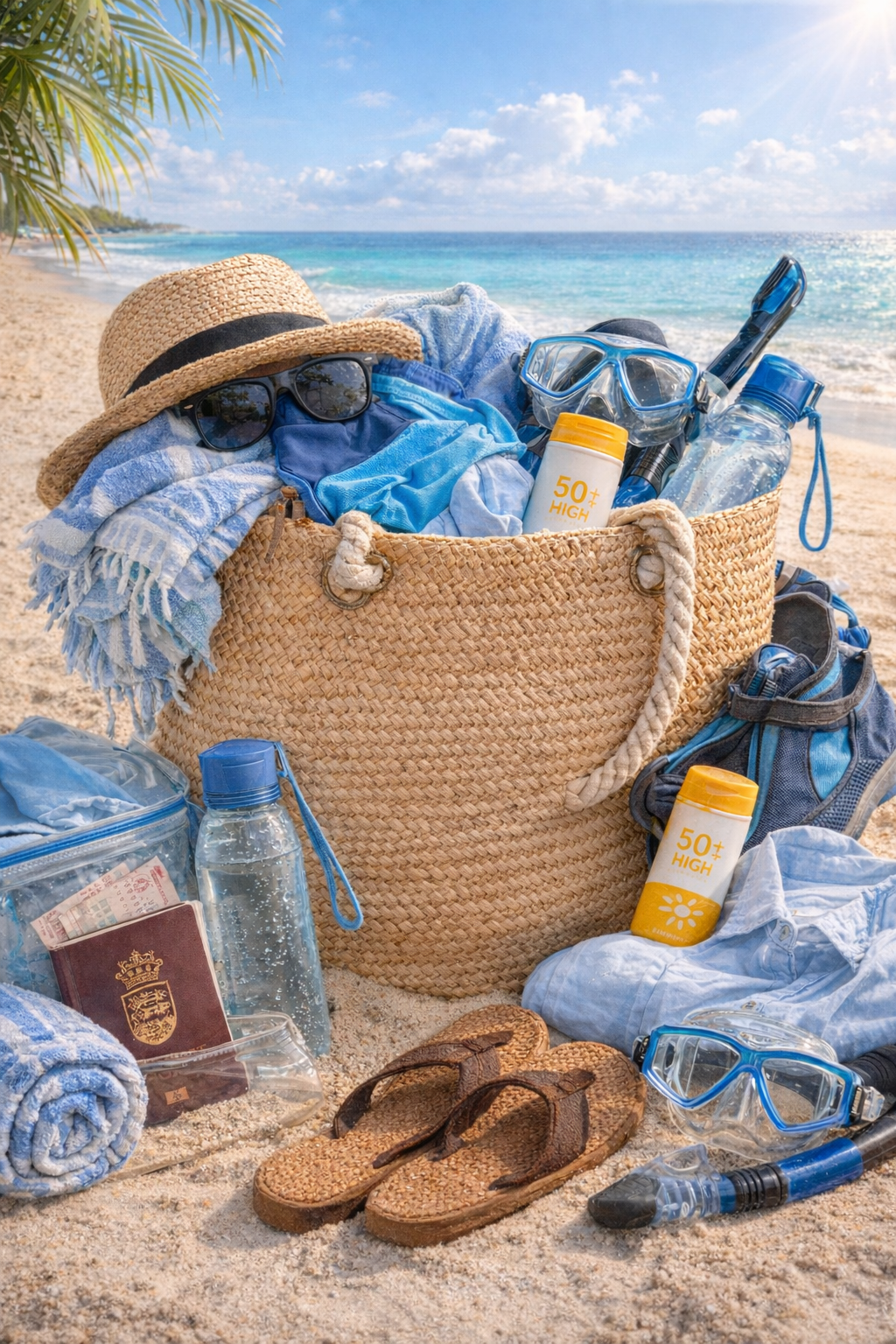 Billede af strandtaske med snorkel udstyr, vand, solcreme med videre på strand med palmer