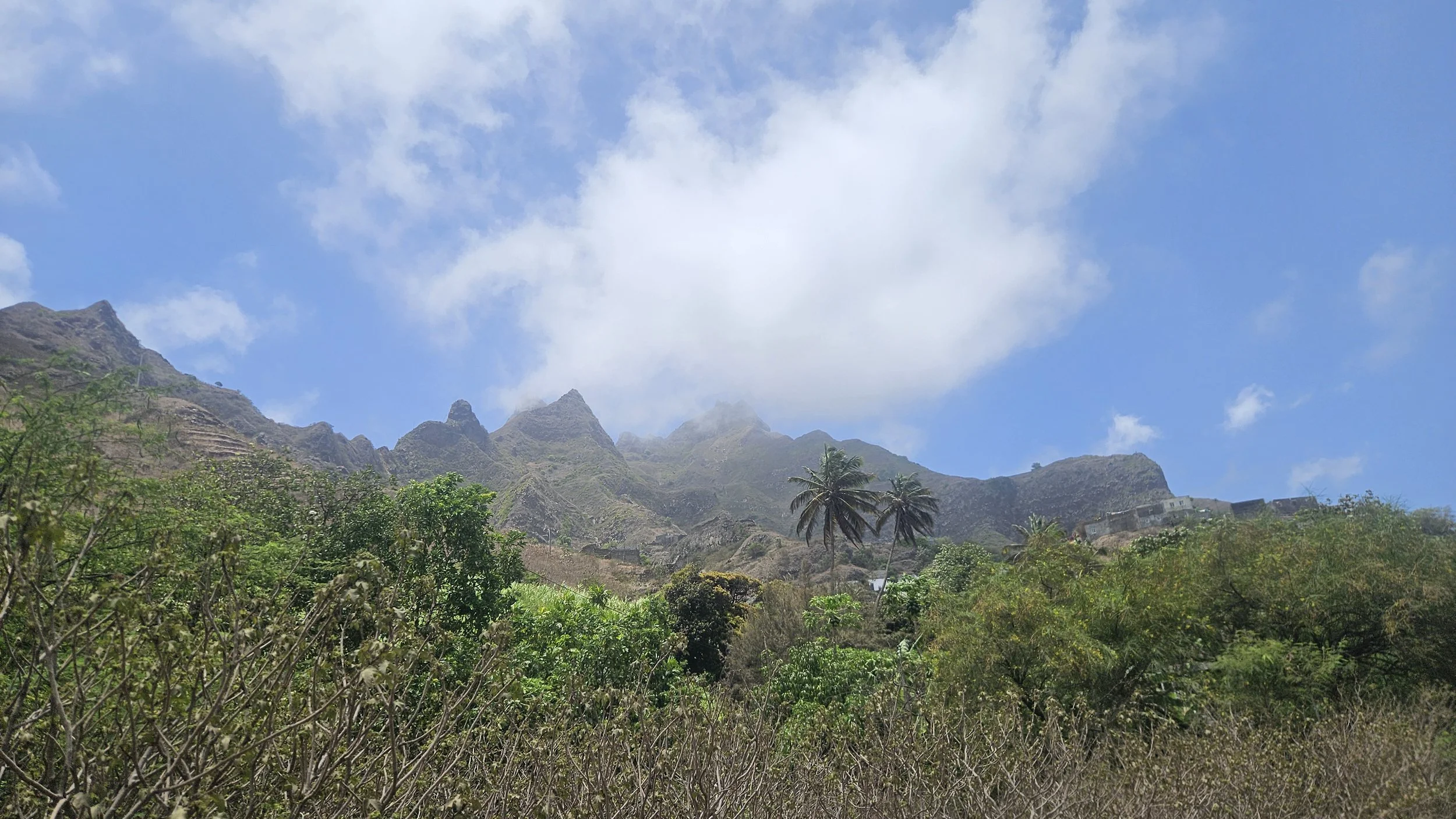 Vandring i bjerge santo antao frodig dal med bjerge og palmer