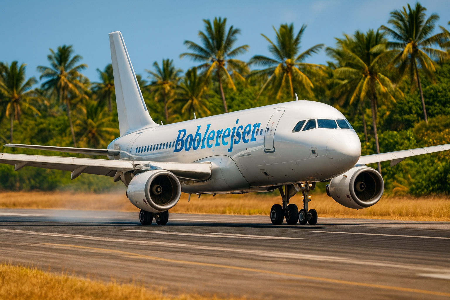 Flygplan med boblerejser på sidan landar på flygplatsen i exotisk destination – aktiva semestrar för familjer
