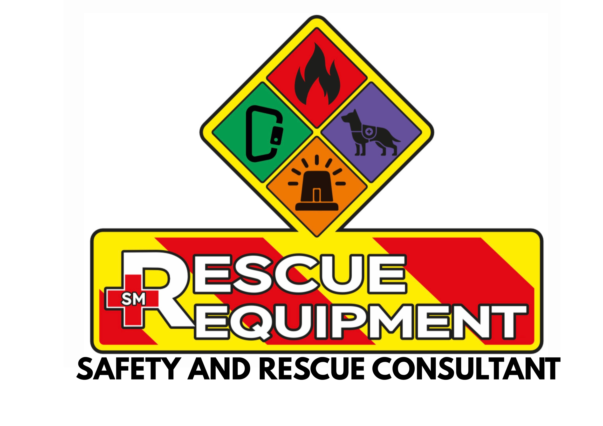 Logo di un'azienda di attrezzature di soccorso con simboli di rischio per incendio, sostanze chimiche, animali, e emergenza, con testo in inglese e italiano di sicurezza e consulenza di soccorso.