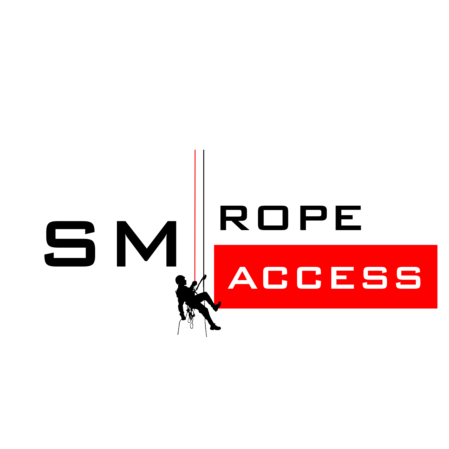 Logo di un accesso per corde con l'immagine di una persona che si arrampica e il testo 'SM Rope Access' con 'Access' evidenziato in rosso.