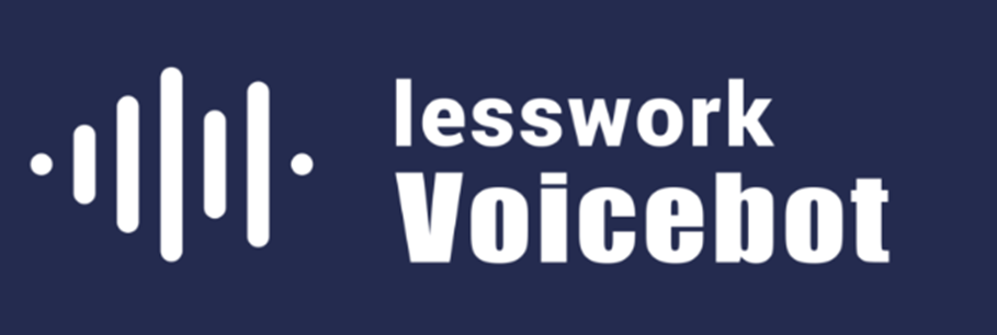 Logo with sound wave icon and text 'lesswork Voicebot' on a dark blue background.