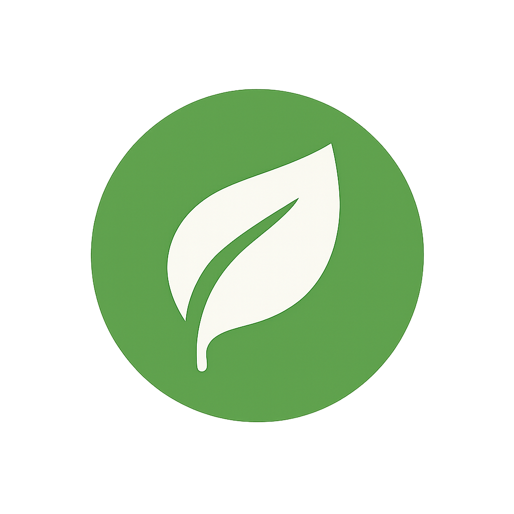 Green circular icon with a white leaf symbol in the center.