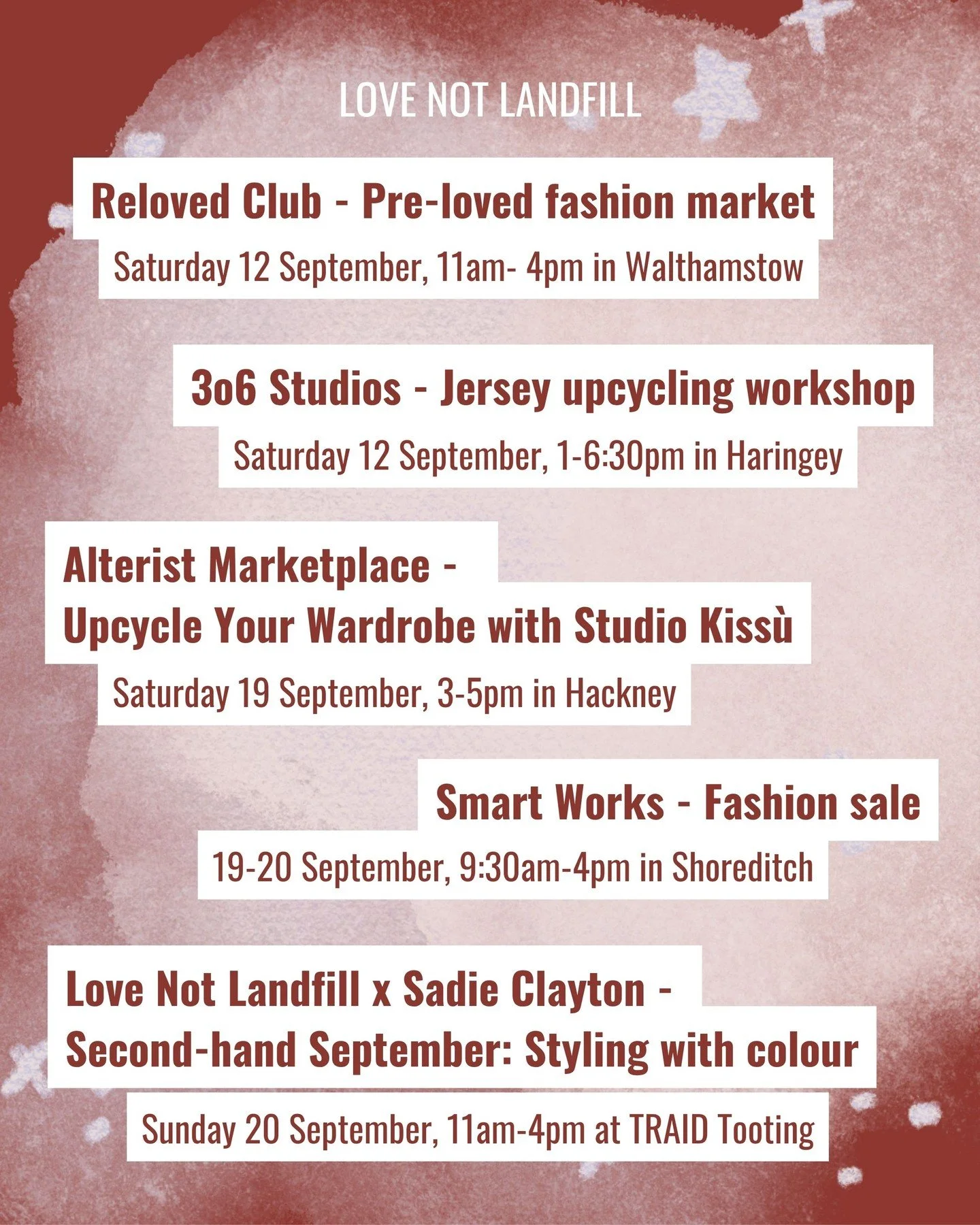 we may be halfway through second-hand september but it's not too late to get involved!! check out these events coming up in the next couple of weeks, including our styling workshops with @iamsadieclayton on sunday 20th at @traid in tooting - book you