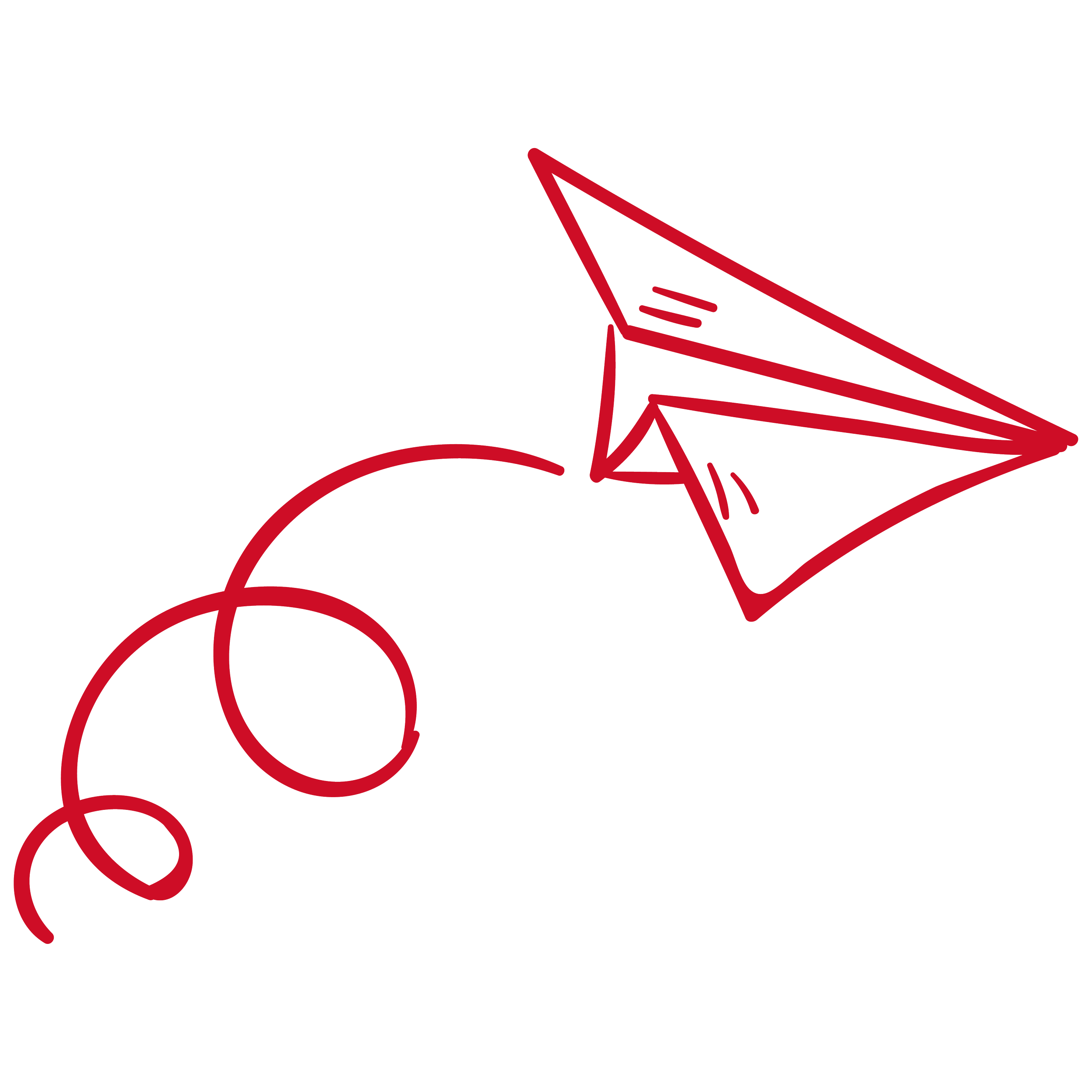 A red outline drawing of a paper airplane with a spiraled string attached.