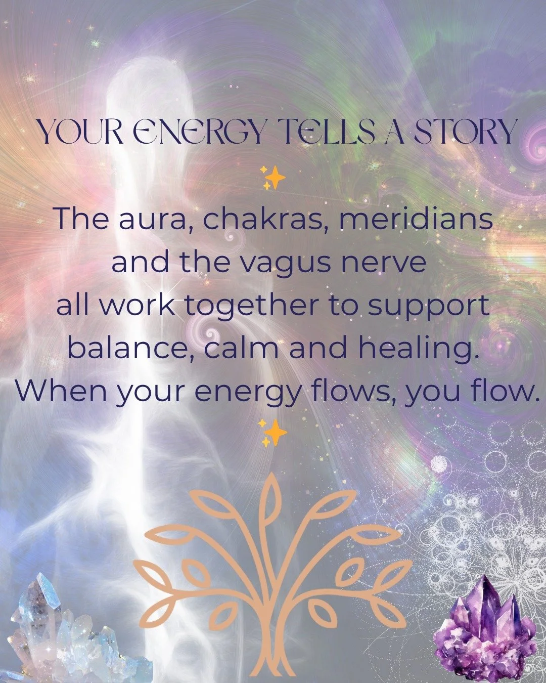 Our body and energy system work together in beautiful ways.

🌈 Aura &ndash; Your energetic field, reflecting your physical and emotional state.
🌀 Chakras &ndash; Energy centres that help keep you balanced and aligned.
🌬️ Meridians &ndash; Pathways