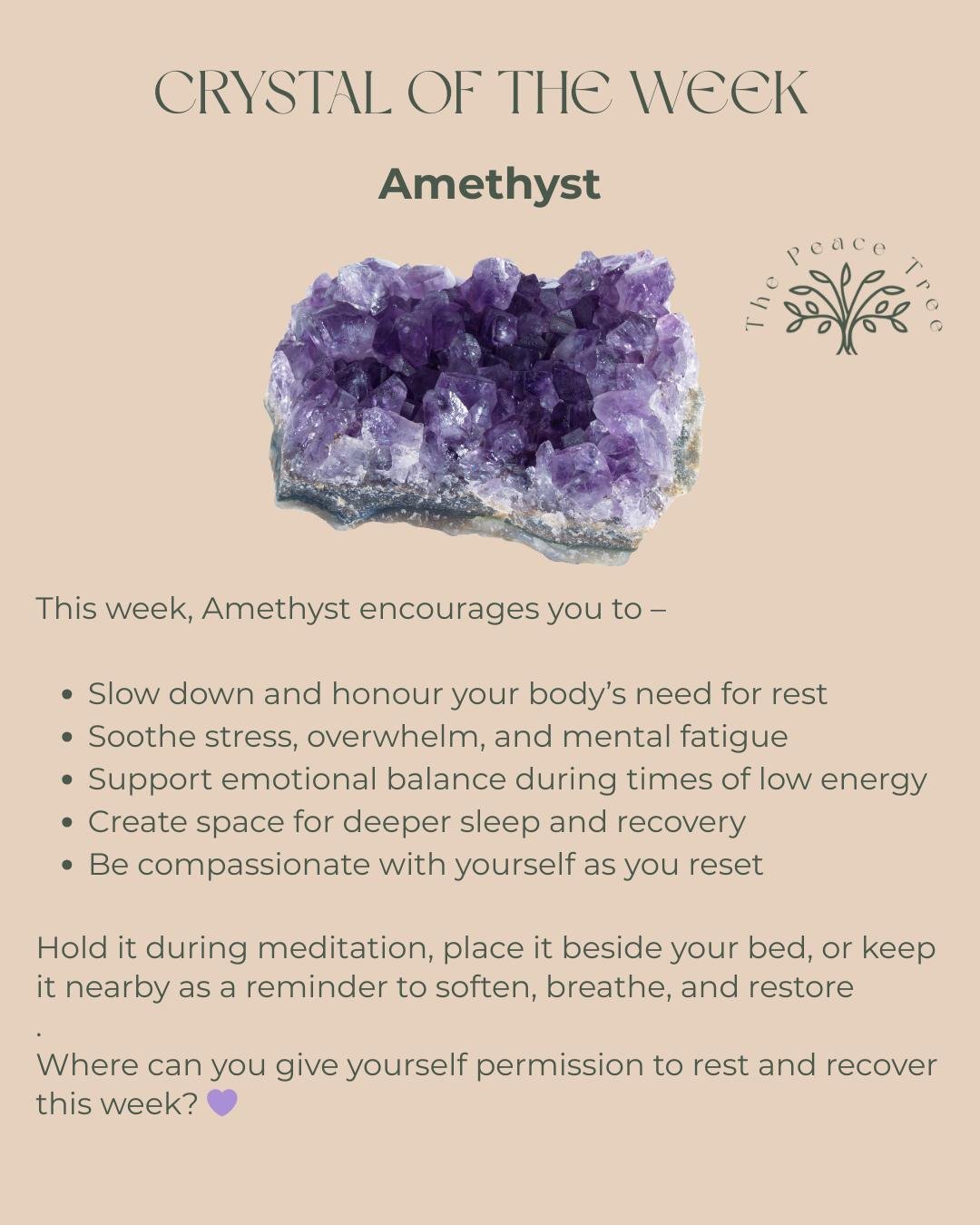 CRYSTAL OF THE WEEK: Amethyst 💜

A reminder to slow down, rest deeply, and be kind to your body.

This week Amethyst invites you to soften, breathe, and support your energy as you reset. Keep it nearby for calm, comfort, and gentle restoration.

Whe