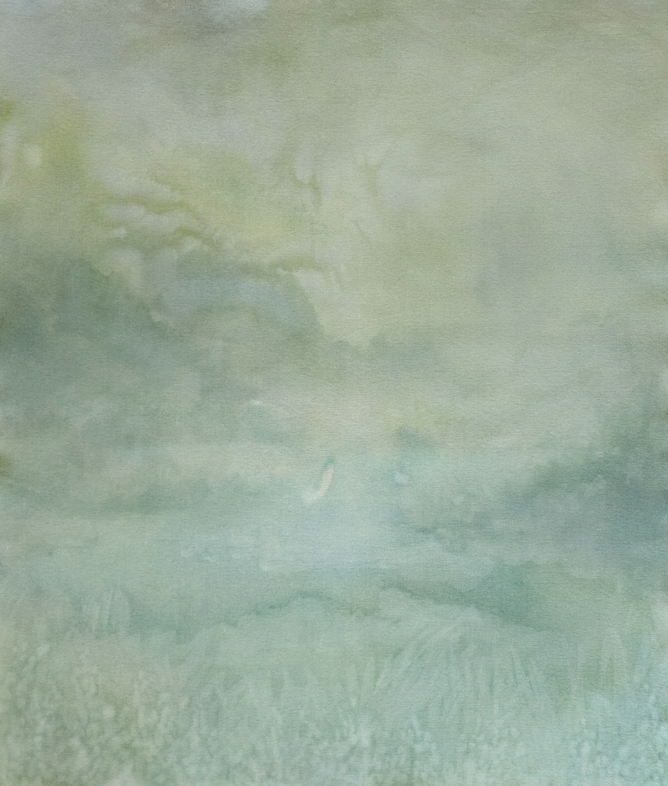 A landscape painting with water, soft clouds and grass with a light bird in the middle. Serene greens and blues on raw canvas.