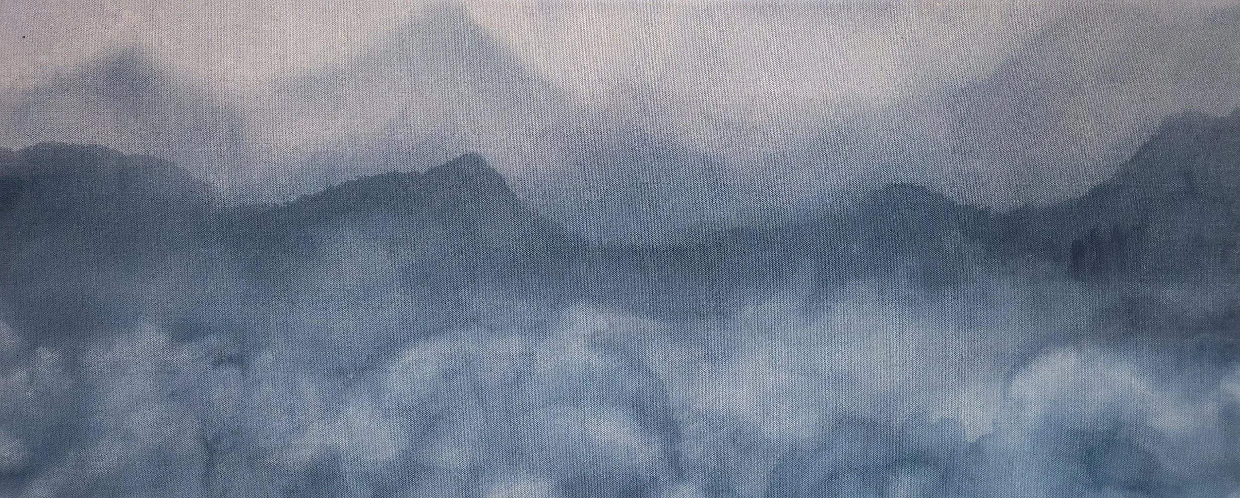 A serene mountain landscape with peaks reflected in a still body of water, surrounded by mist or clouds. Blue mountains painting.