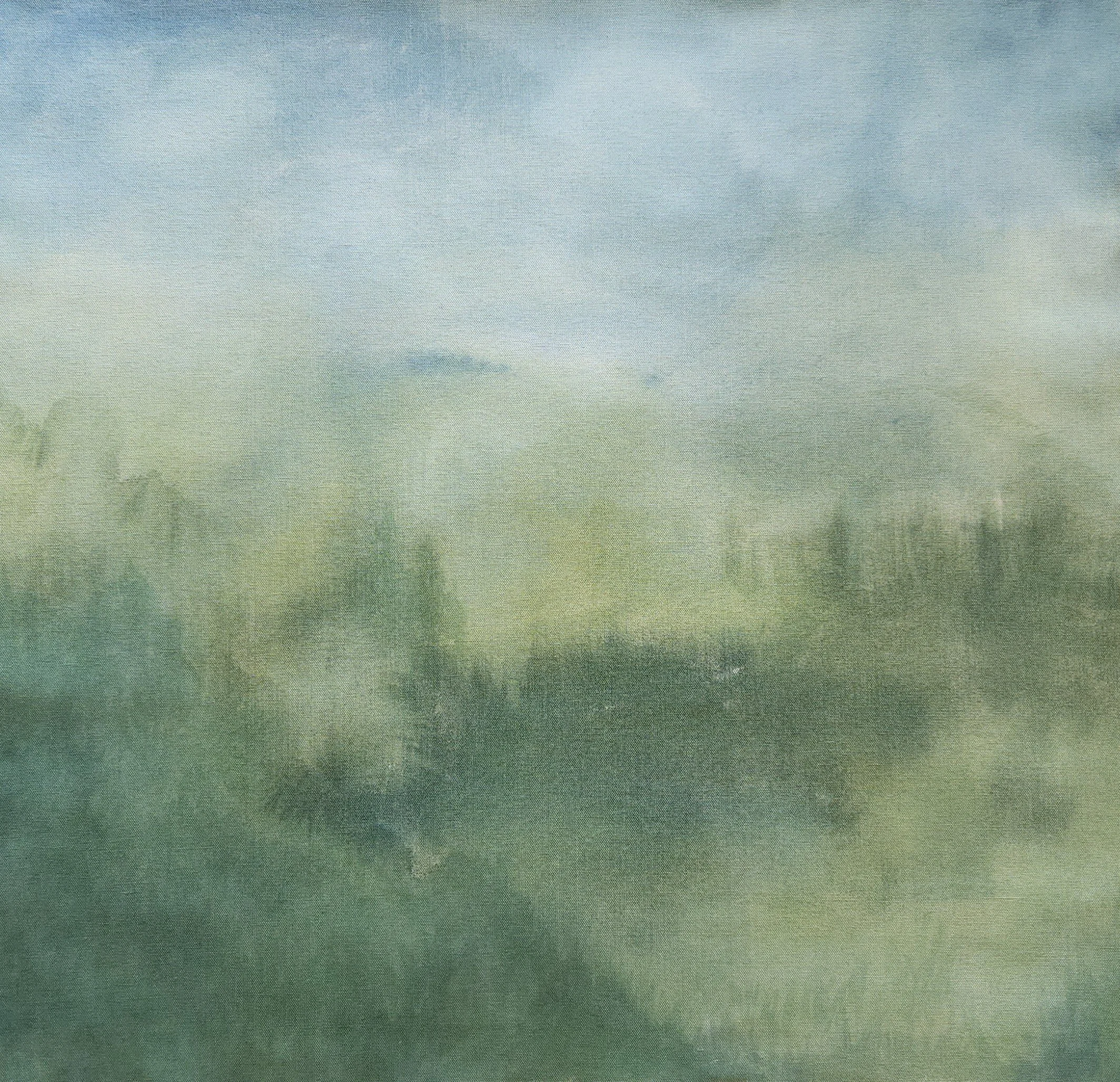 A landscape painting blending light blues and greens, and abstract forest on raw canvas.