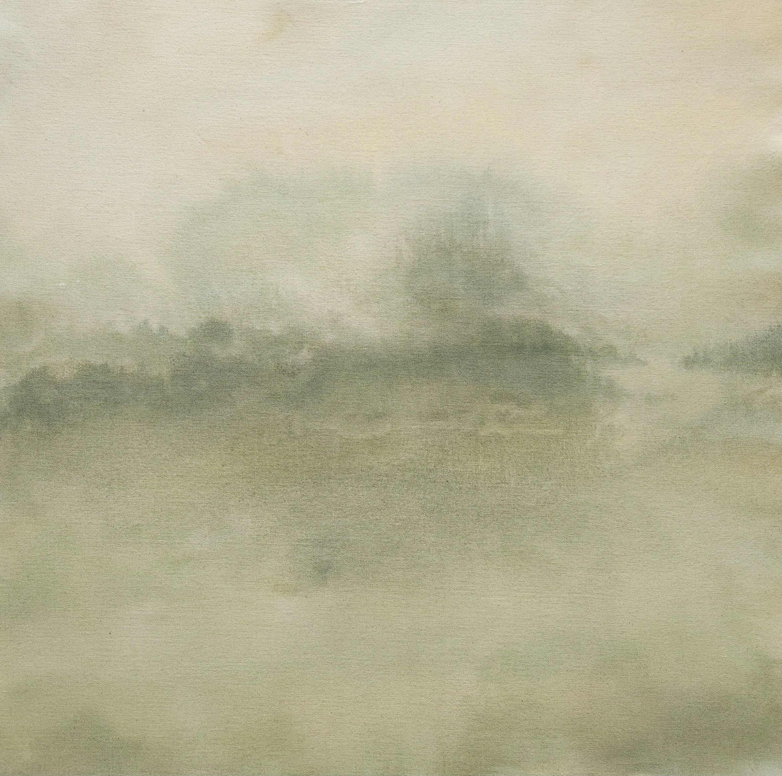 A green toned abstract landscape painting with bushes and trees.