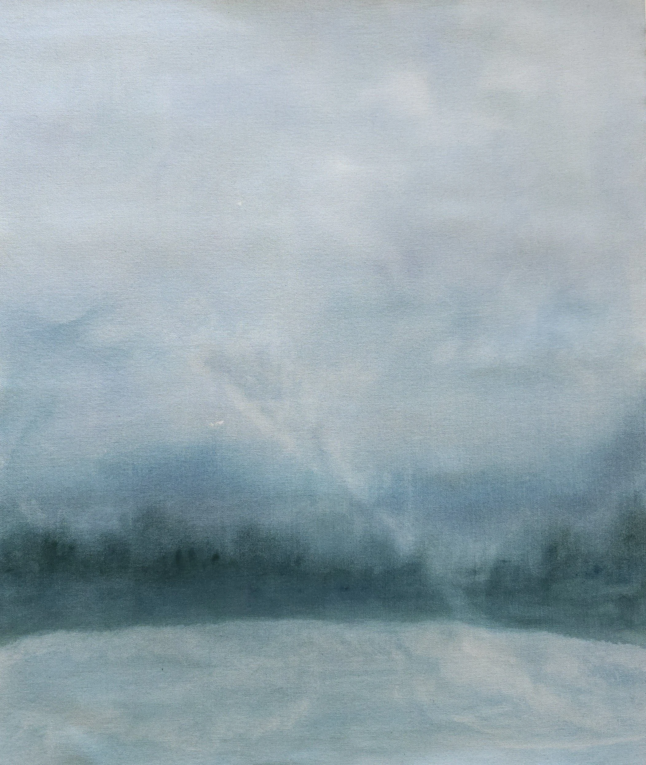 An overcast sky with gray clouds and darker storm clouds being parted by light in the distance. Blue landscape painting.