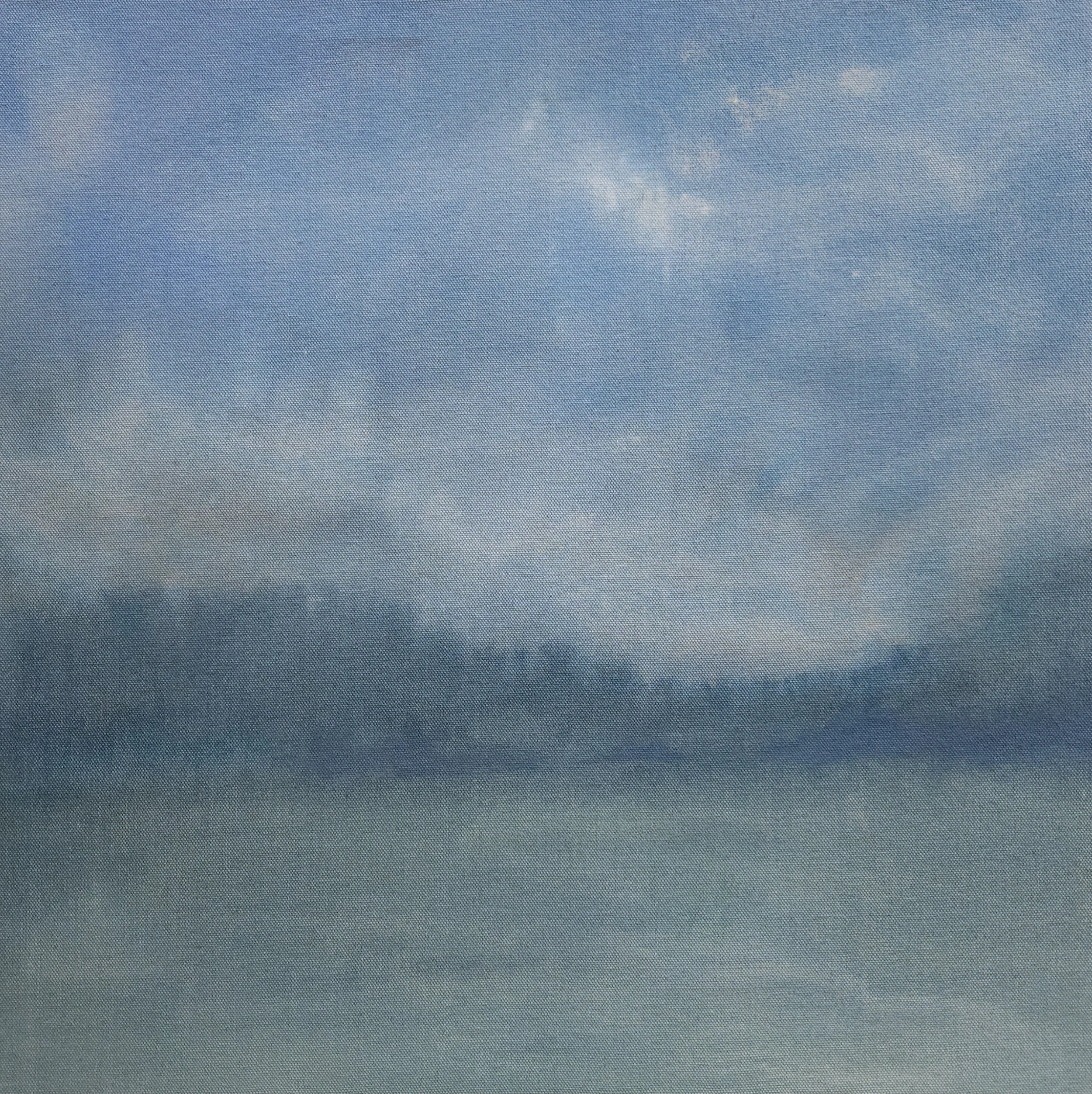 Blue landscape painting with blue sky, low clouds, an calm water in the foreground. Calm artwork on raw canvas.