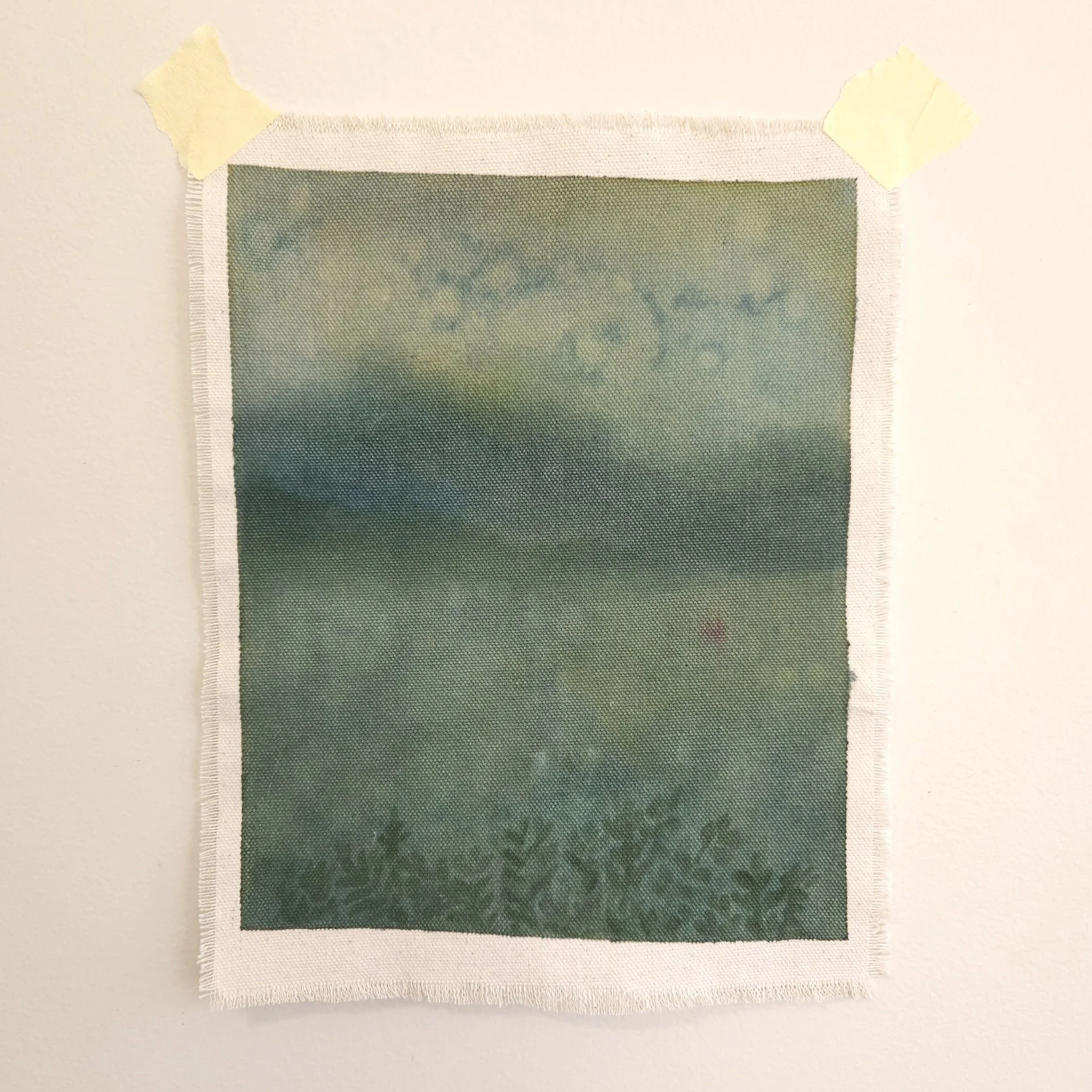 Softened look landscape painting on raw cotton canvas with frayed edges. Blue and green hues with a calming atmosphere.