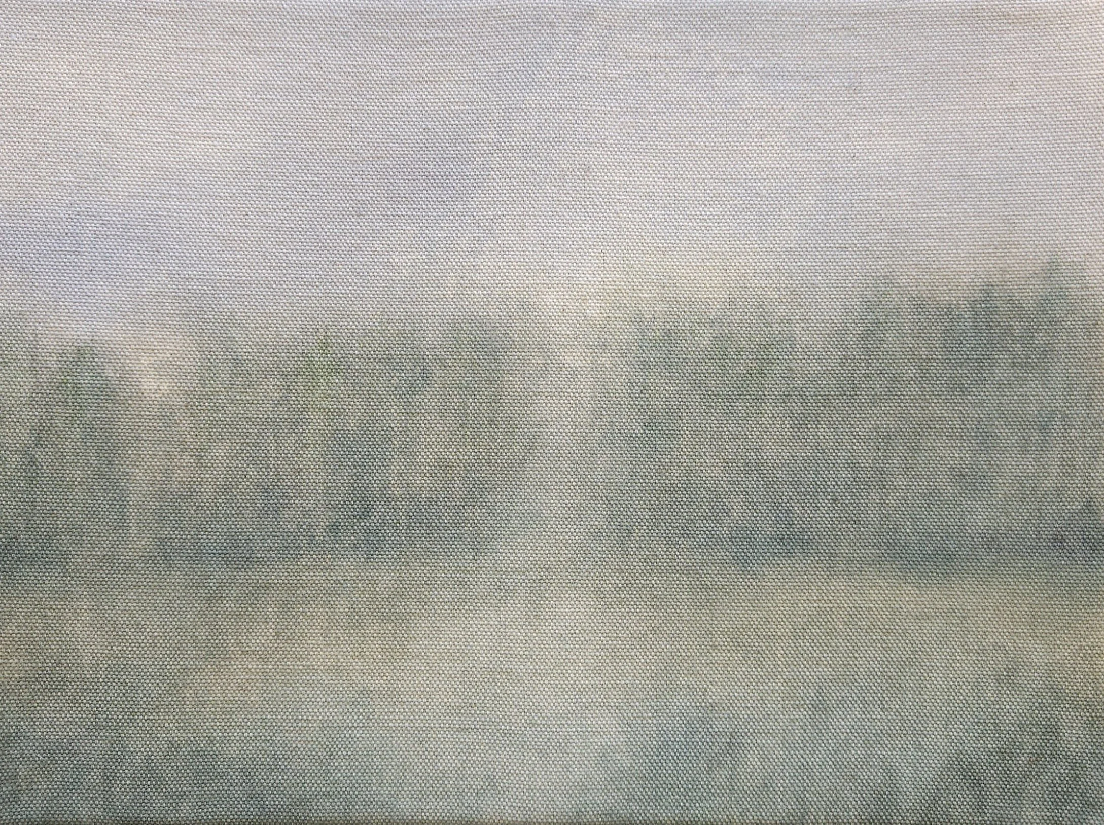 Sun parting the clouds in a landscape abstract painting. Soft greens and blues.