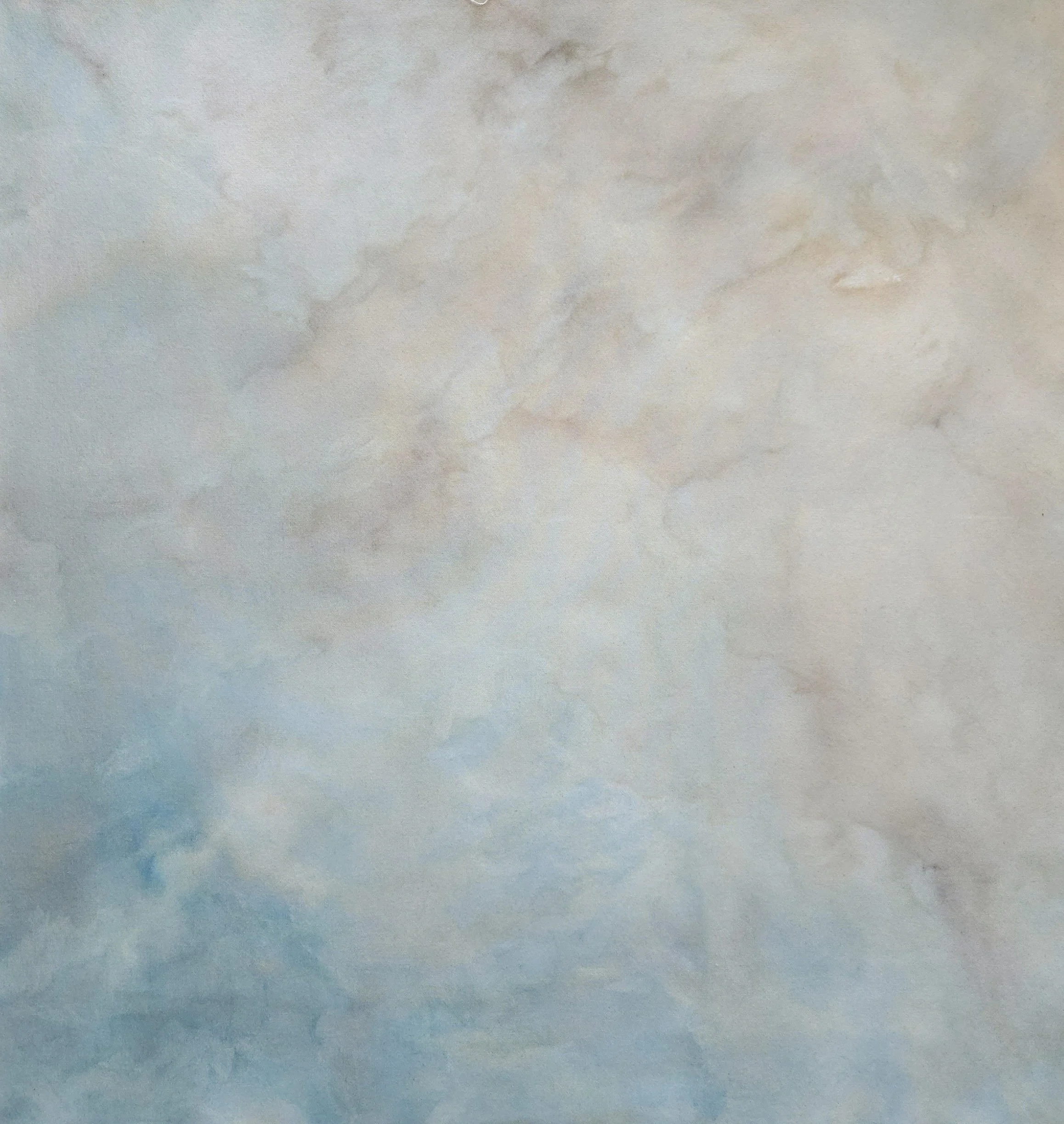Sky and cloud painting with vibrant blue and hints of warm orange in the clouds. Landscape painting on raw canvas.