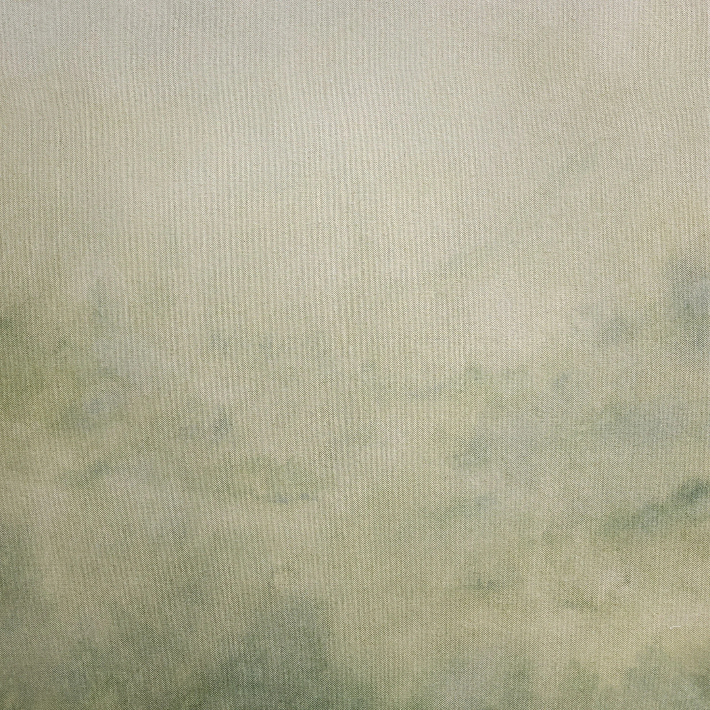Abstract green and yellow landscape painting on raw canvas.