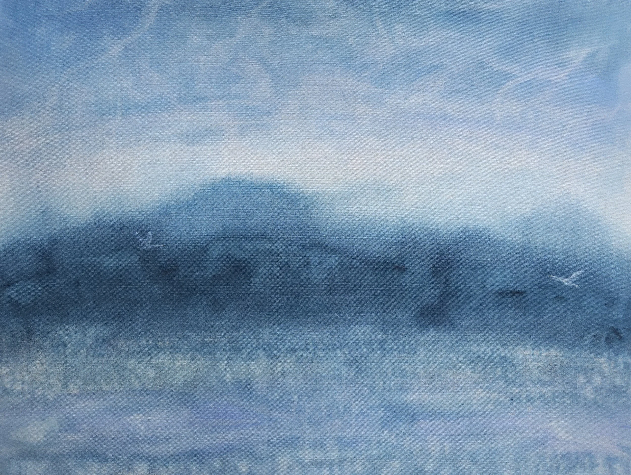 Blue sky with white clouds, mountains and swans landscape painting on raw canvas.