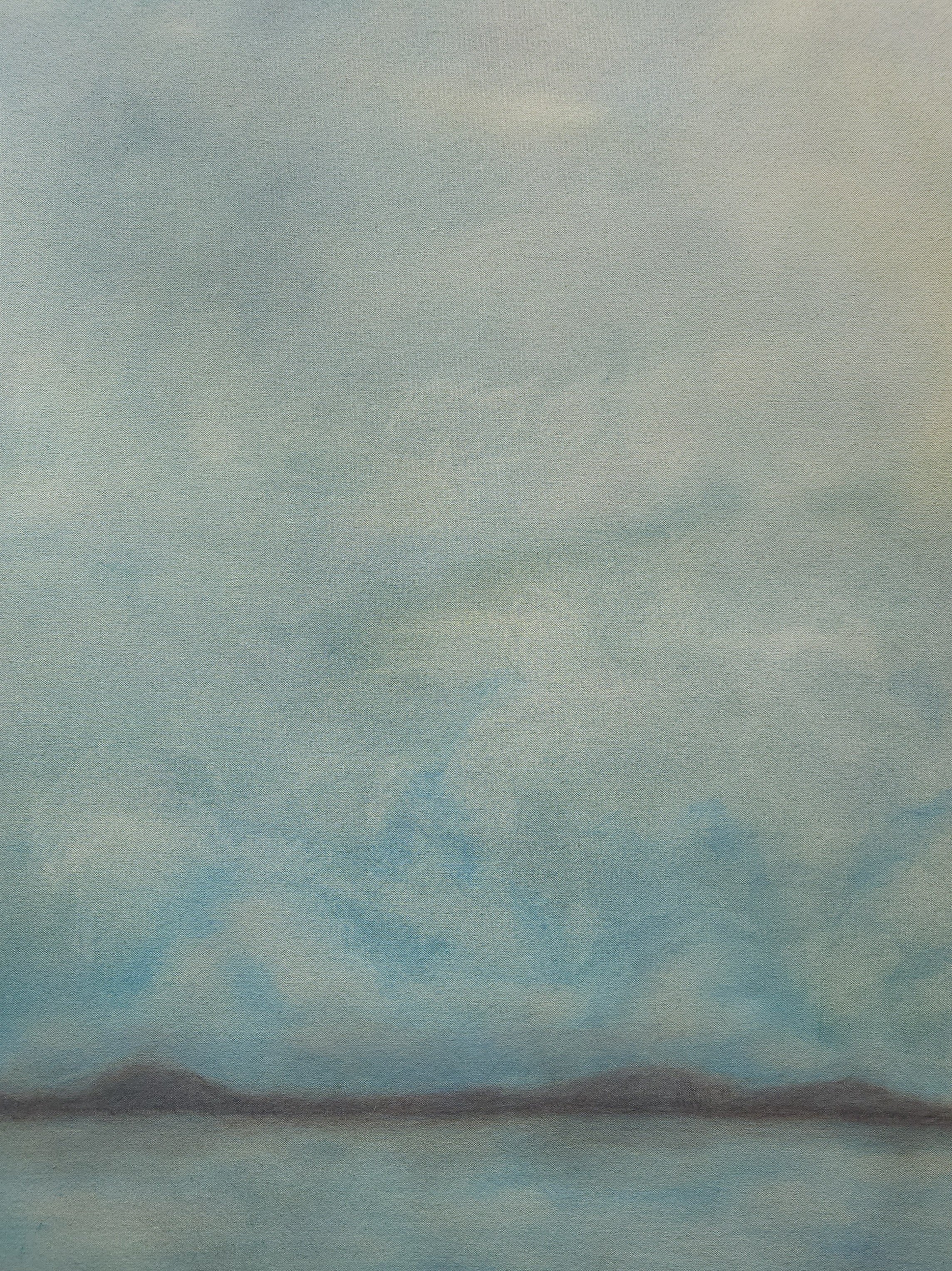 A landscape painting with distant mountains, a blue sky, and clouds.