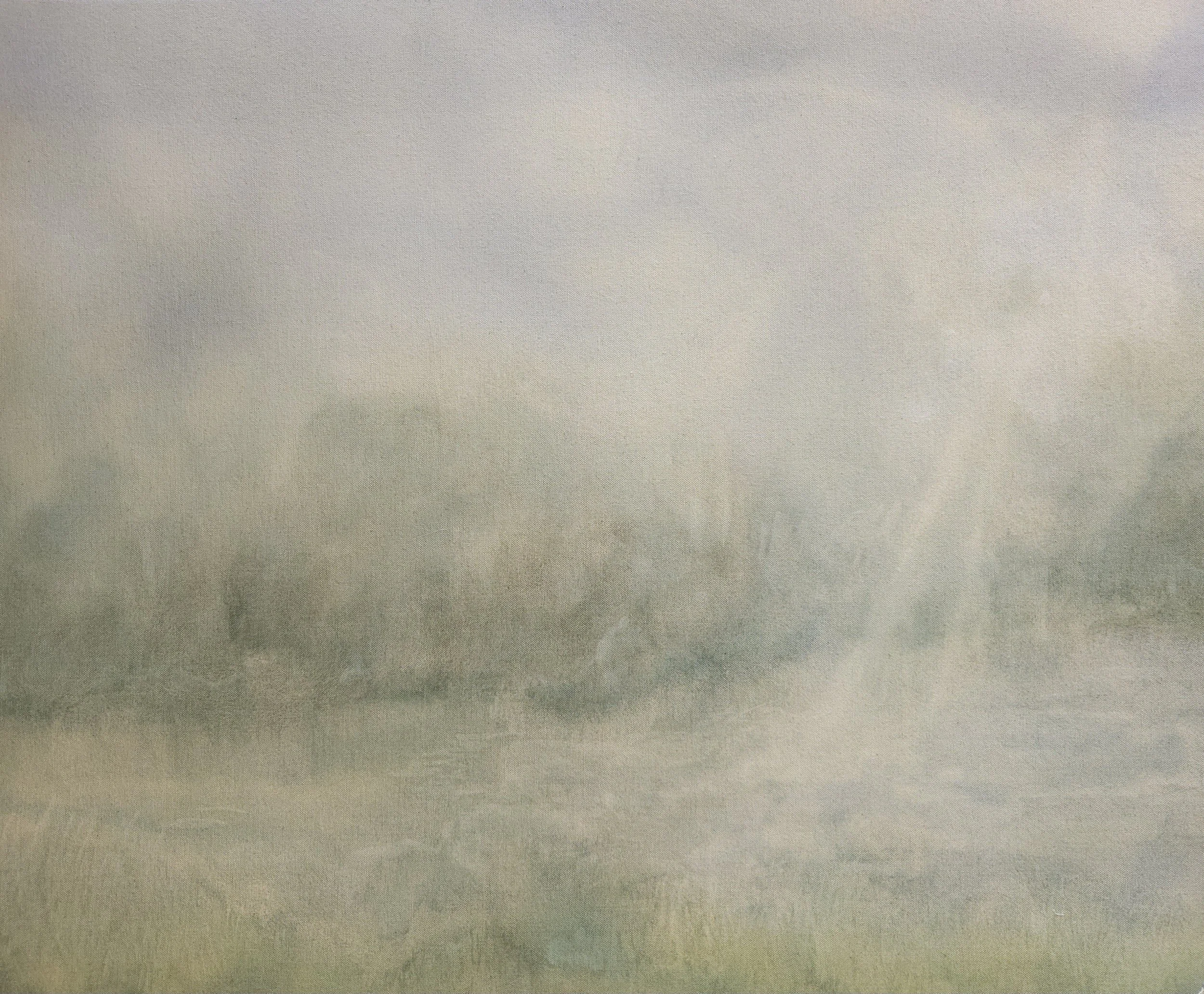 A muted green soft landscape with sunlight coming through clouds.