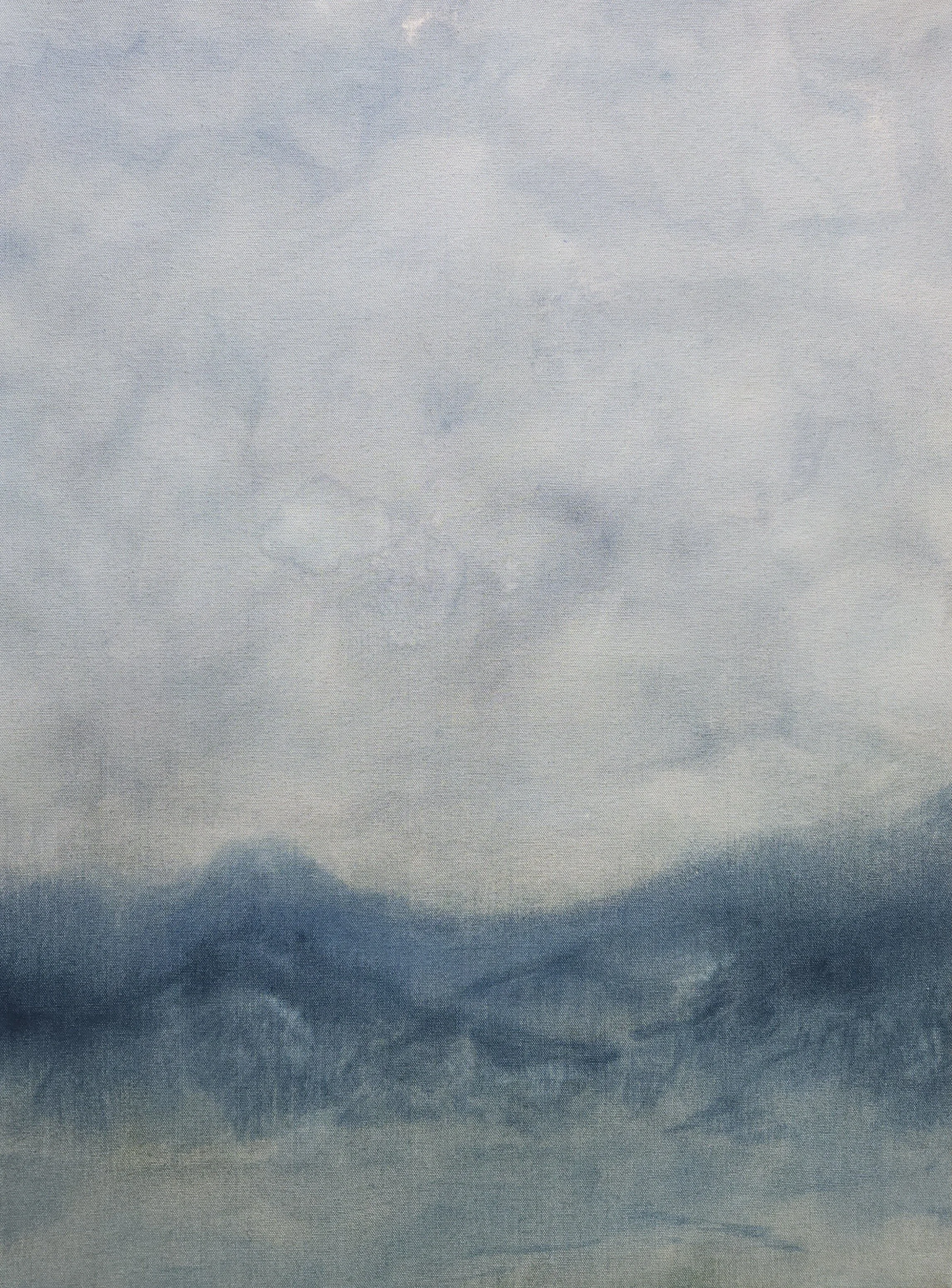 A sky filled with clouds, with shades of blue varying from light to dark. Mountain and sky landscape painting on raw canvas.