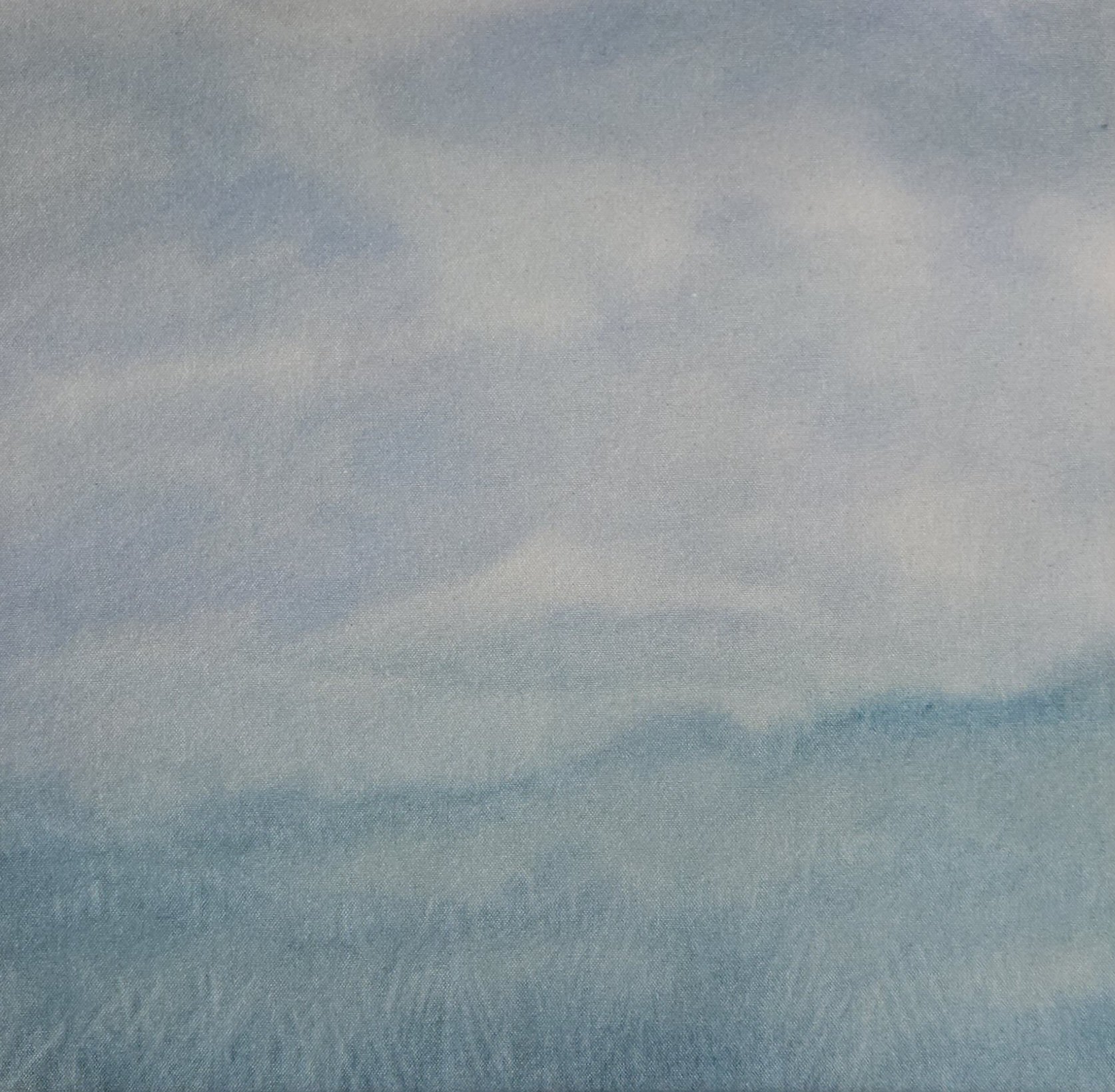 Raw canvas textured landscape painting. Blue mountains, sky with clouds and a soft blue foreground with light blue and white painted grass.