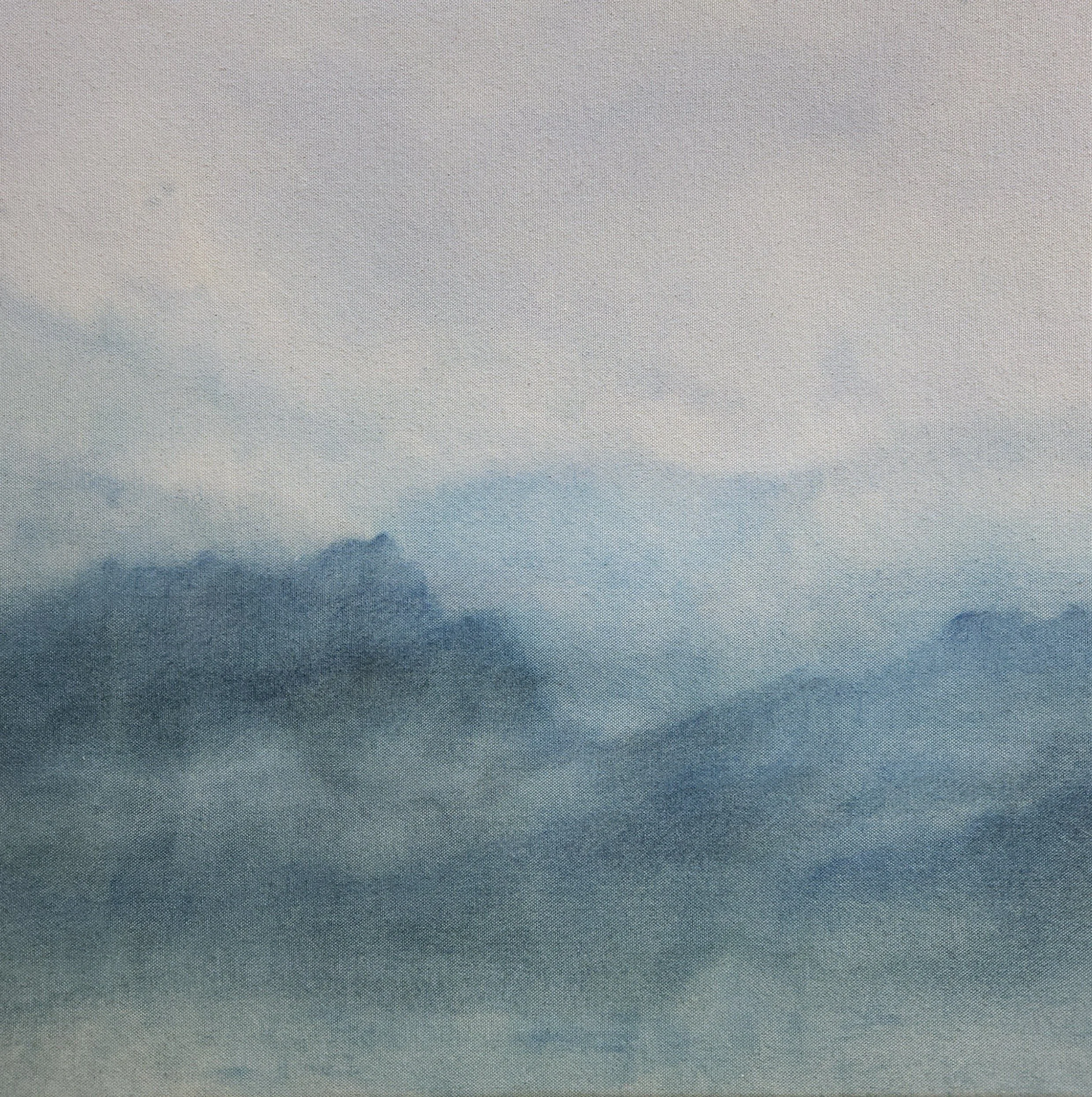 A textured gradient background transitioning from dark blue hues to light. Blue mountain landscape painting on raw canvas.