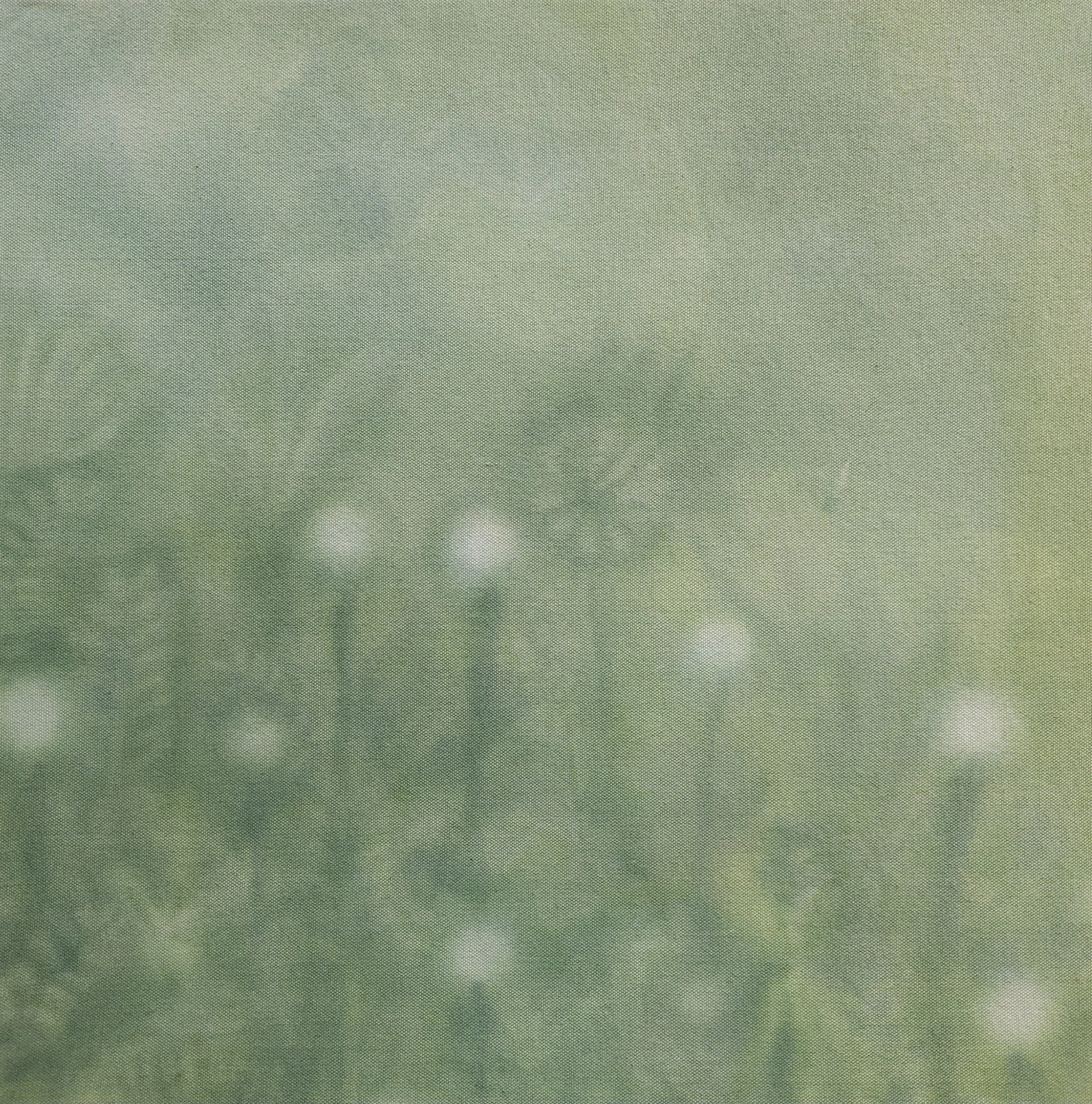 Green meadow painting on raw canvas with dandelions. Whimsical.