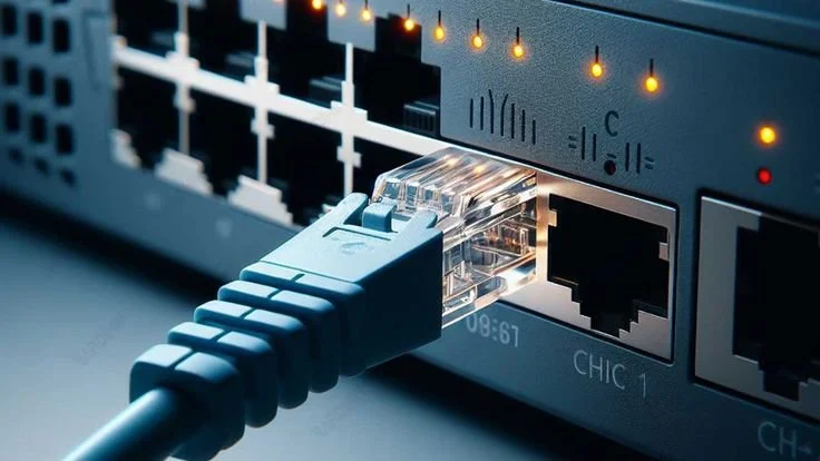 Close-up of a network switch with an Ethernet cable plugged into one port, showing LED indicator lights.