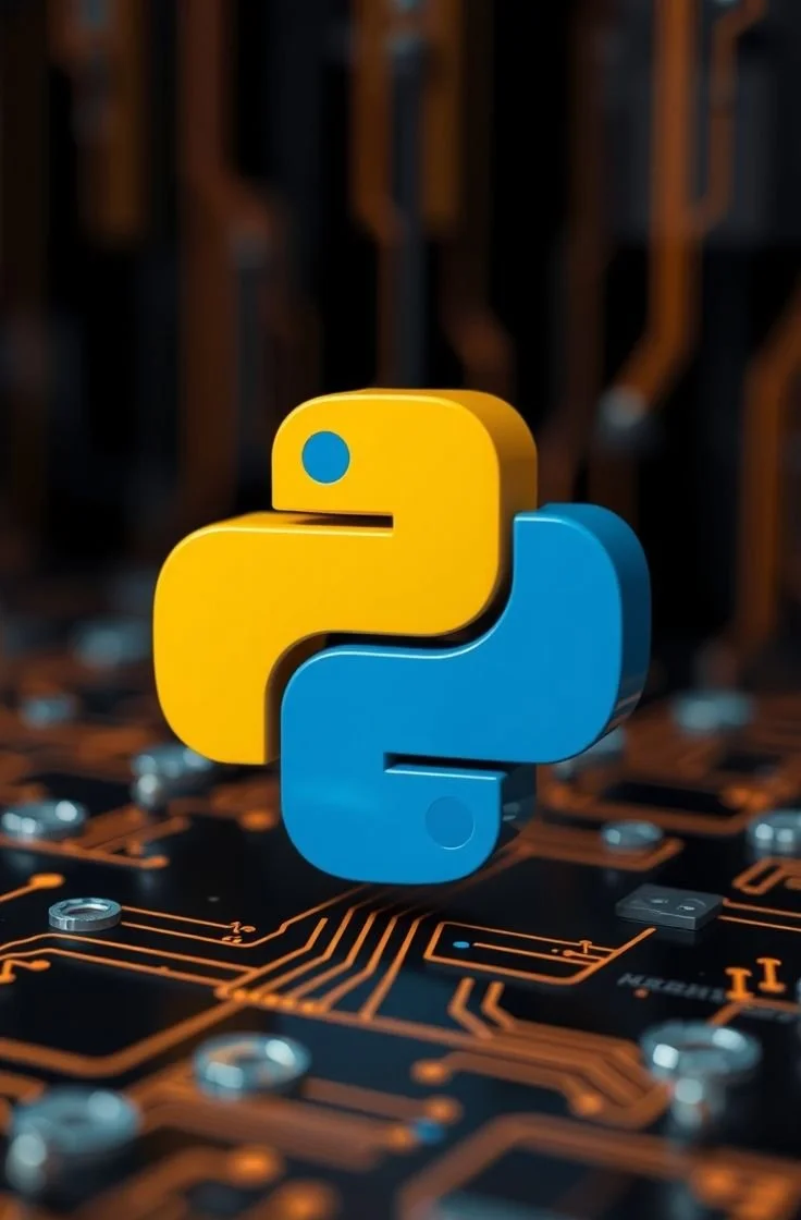 3D Python programming language logo, yellow and blue, floating above a circuit board with glowing orange pathways.