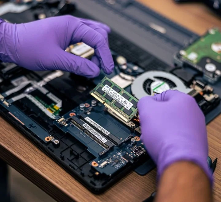 Person in purple gloves installing a RAM module into a laptop's motherboard.