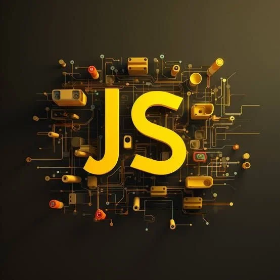 JavaScript logo with electronic circuit board elements in gold and yellow colors on a black background.