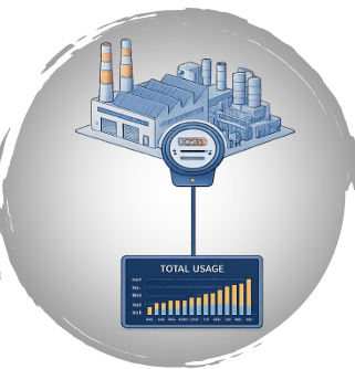 Illustration of an industrial plant with smokestacks connected to a dashboard displaying total usage increasing.