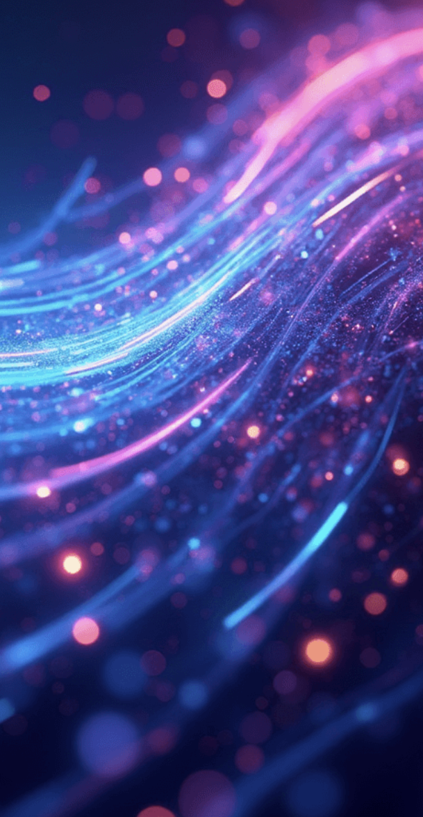Abstract digital background with flowing neon blue and pink light streaks and glowing particles.