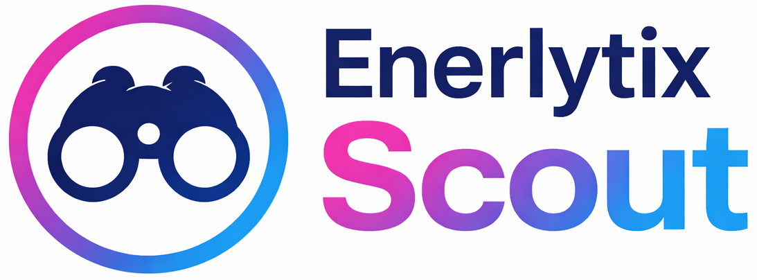 Logo with a stylized face wearing glasses inside a circular gradient border and the words 'Enerlytx Scout' in gradient text to the right.