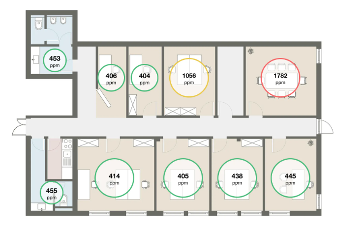 Floor plan of an office with rooms labeled 453, 406, 404, 1056, 1782, 455, 414, 405, 438, and 445 ppm indicating their parts per million gas levels.