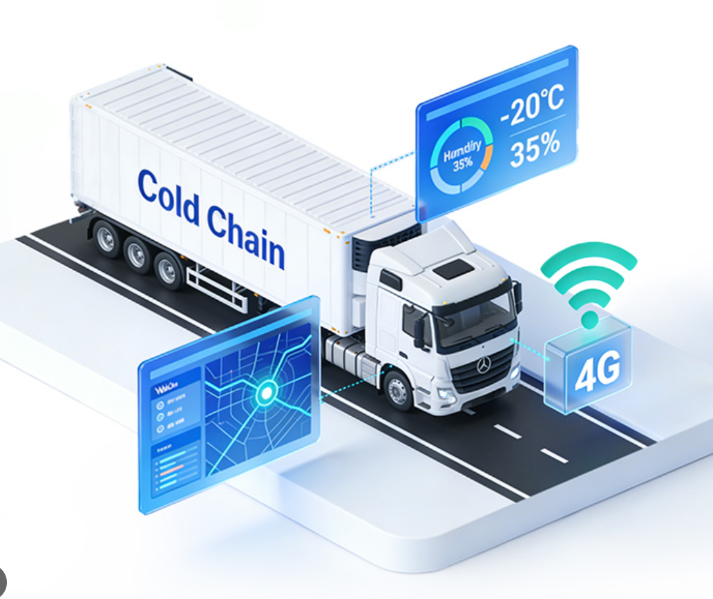 A digital illustration of a semi-truck with a refrigeration trailer labeled 'Cold Chain' on a road, displaying temperature at -20°C, humidity at 35%, and connected to 4G internet and a digital monitoring system with data graphs.