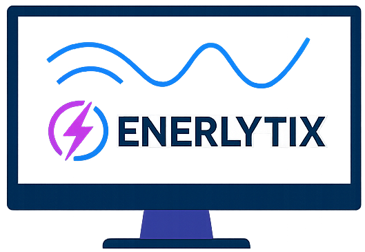 Computer monitor displaying a logo with a lightning bolt, graph lines, and the text 'ENERLYTIX'